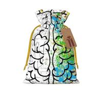Geometry Brain Image with Science Printed Christmas Drawstring Bags with Yellow Christmas Ribbon - Reusable Burlap Drawstring Gift Pouches, M