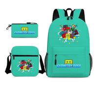 Geometry Dash Children's Backpack 3-piece 17-inch Large Size Book Bag + Satchel + Pen Case, Perfect for Everyday School and Outdoors (A8)
