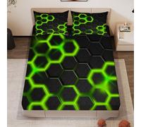 Geometry Fitted Sheet King Size Bed Geometric 3D Fitted Sheets Deep Pocket 12 inch 30 cm Bottom Sheet Ultra Soft Microfibre Bedding Set with 2 Pillowcases a/1876