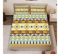 Geometry Fitted Sheet Small Double 4ft Retro Ethnic Geometric 3D Fitted Sheets Deep Pocket 12 inch 30 cm Bottom Sheet Ultra Soft Microfibre Bedding Set with 2 Pillowcases a/188