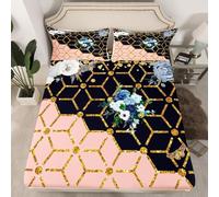 Geometry Fitted Sheet Super King Size Flower 3D Fitted Sheets Deep Pocket 12 inch 30 cm Bottom Sheet Ultra Soft Microfibre Bedding Set with 2 Pillowcases a.6143