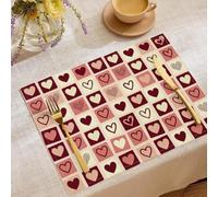 Geometry Hand-Drawn Table Placemats Set Of 4 - Non-Slip Washable Heart-Shaped Square Printed Place Mats, Heat Resistant Claret Placemats for Kitchen Dining Home Restaurant Party, 45x30cm