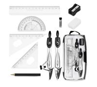 Geometry Set For Secondary School - 10 Pieces Maths stationery Set - Ruler,Protractor, Compass,Eraser, Pencil, Sharpener, Case - Suitable for School and Engineers Stationery Sets