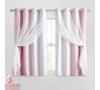 Geomoroccan 100% Blackout Curtains with Sheer Overlay Mix and Match Double Layer Drapes 54 Inch Length 2 Panels for Girls Bedroom Living Room Pink White Ombre Grommet Window Treatment with Tiebacks