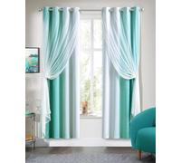 Geomoroccan 100% Blackout Curtains with Sheer Overlay Mix and Match Double Layer Drapes 72 Inch Length 2 Panels for Bedroom Living Room Teal White Ombre Grommet Window Treatment with Tiebacks
