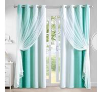 Geomoroccan 100% Blackout Curtains with Sheer Overlay Mix and Match Double Layer Drapes 84 Inch Long 2 Panels for Bedroom Living Room Teal White Ombre Grommet Window Treatment with Tiebacks
