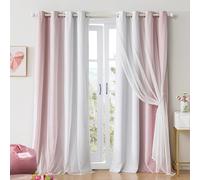 Geomoroccan 100% Blackout Curtains with Sheer Overlay Mix and Match Double Layer Drapes 84 Inch Long 2 Panels for Bedroom Living Room Pink White Ombre Grommet Window Treatment with Tiebacks
