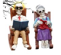Geonoy Halloween Skeleton Couple Figurines - Rocking Chair Skull Ornament - Resin Statue Couple Reading Ornament Home Decor for Shelf Table Bookshelf Mantel Bedroom Halloween