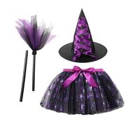 Geonoy Halloween Witch Costume Kids, Girls Witches Fancy Dress with Tutu-Dress, Witch Hat, Broom, Kids Tulle Dress Outfit for Masquerade Halloween Party Cosplay
