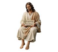 Geonoy Jesus Resin Desk Companion Figurine, 4.7'' Handmade Sitting Design Jesus Statue, ''I Am with You Always'' Sign Je-sus Ornament for Car Dashboard Desktop, Religious Gift