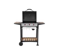 George Foreman 3 Burner Gas BBQ with Automatic Ignition & Integrated Thermometer, Black, Gas Barbecue, 2 Wheels Fitted Rack with 2 Shelves Wood