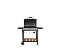 George Foreman 4 Burner Gas Bbq With Automatic Ignition & Integrated Thermometer, Black, Barbecue, 2 Wheels Fitted Rack 2 Shelves