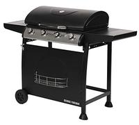 George Foreman 4 Burner Gas BBQ with Automatic Ignition & Integrated Thermometer, Black, Gas Barbecue, 2 Wheels Fitted Rack with 2 Shelves, GFGBBQ4B