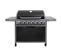 George Foreman 6 + 1 Burner Gas BBQ in Black with Automatic Ignition & Integrated Thermometer, Portable Barbecue and Grill with Side Burner/Table & Wheels, Gas Hose and Regulator, GFGBBQ6B1B-C