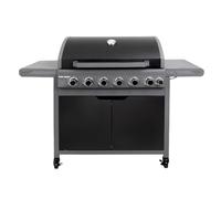 George Foreman 6 + 1 Burner Gas BBQ in Black with Automatic Ignition & Integrated Thermometer, Portable Barbecue and Grill with Side Burner/Table & Wheels, Gas Hose and Regulator, GFGBBQ6B1B-C