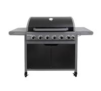 George Foreman 6 + 1 Burner Gas BBQ in Black with Automatic Ignition & Integrated Thermometer, Portable Barbecue and Grill with Side Burner/Table & Wheels, Gas Hose and Regulator, GFGBBQ6B1B-C