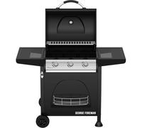 George Foreman GFGBBQ3B 3 Burner Gas Barbecue with Automatic Ignition & Integrated Thermometer, Black, Gas BBQ, 2 Wheels Fitted Rack with 2 Shelves