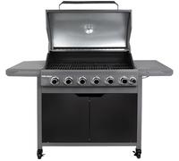George Foreman 6 + 1 Burner Gas BBQ in Black with Automatic Ignition & Integrated Thermometer, Portable Barbecue and Grill with Side Burner/Table & Wheels, Gas Hose and Regulator, GFGBBQ6B1B-C