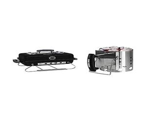 George Foreman Premium On-The-Go Portable Charcoal Barbecue, Camping and Travel BBQ, GFPTBBQ1004B with George Foreman Quick-Fire Compact Chimney BBQ Starter, 14cm Diameter GFCMS14 Matching Set