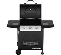 George Foreman GFGBBQ3B 3 Burner Gas Barbecue with Automatic Ignition & Integrated Thermometer, Black, Gas BBQ, 2 Wheels Fitted Rack with 2 Shelves