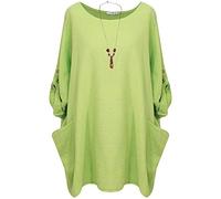 George Hilton New Ladies Italian Plain Top Two Pocket Tunic Top Casual Button up Sleeves Top Women Necklace Cotton Trendy Shirt One Size (14-22) UK (Lime Green)