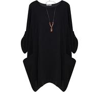 George Hilton New Ladies Italian Plain Top Two Pocket Tunic Top Casual Button up Sleeves Top Women Necklace Cotton Trendy Shirt One Size (14-22) UK (Black)