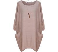 George Hilton New Ladies Italian Plain Top Two Pocket Tunic Top Casual Button up Sleeves Top Women Necklace Cotton Trendy Shirt One Size (14-22) UK (Beige), S-XXL