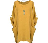 George Hilton New Ladies Italian Plain Top Two Pocket Tunic Top Casual Button up Sleeves Top Women Necklace Cotton Trendy Shirt One Size (14-22) UK (Mustard), S-XXL