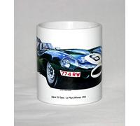 George Morgan Illustration Classic Car Mug. Jaguar D-Type 1955 Le Mans 24 hour race winner Mike Hawthorn and Ivor Bueb