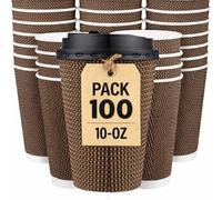 George Pack 100 x 10oz Ripple Triple Wall Brown Paper Cups and Lids 100 Pack 10 oz Disposable Coffee Cups for Hot Drinks, Tea, Cappuccino & Takeaway Use Insulated Leak-Resistant Eco Friendly 10 Ounce