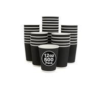 George Pack - 500 x 12oz Ripple Black Kraft Paper Cups - Strong 3-PLY Disposable Insulated Coffee Cups - Leak-Proof Recyclable Drinking Cups for Hot Drinks, Tea, Coffee and Beverages (12 oz 500 Pack)