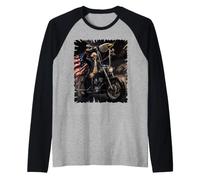 George Washington Riding a Motorcycle with Eagle Flag Design Raglan Baseball Tee