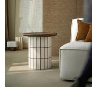 Georges - Round cream ceramic-effect side table with oak tray top White