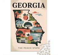 Georgia︰ The Peach State Illustrated Map 1000-Piece Jigsaw Puzzle for Adults, 70x50cm/1000pcs, White Cardboard, Relaxing Indoor Activity And Evening Downtime