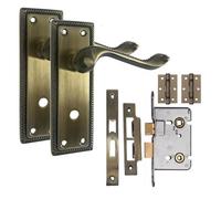 Georgian Bathroom Internal Door Handle Antique Brass With 2.5" Bathroom Lock & Hinges 150mm X 48mm - Golden Grace