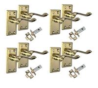 Georgian Style Scroll Brass Door Handle Set - Internal Door Handles with Tubular Latch, Classic Brass-Plated Finish (1-6 Pairs) - Backplate Size 108mm x 48mm (4 Pair of Handles + Tubular Latch)