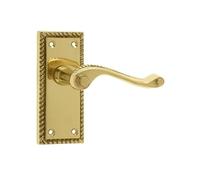 Georgian Suite Door Handle, Polished Brass, 117 x 45mm, Solid Brass Construction, Traditional Rope Edge Design, Internal Use, Short Latchset Plate, Sprung Mechanism, JG2PB