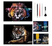 Georgie Porgy 2 Packs Scratch Art Paper Set DIY Arts Craft Kits for Kids Magic Rainbow Cards Boards Christmas Birthday Present for Boys Girls with Scratching Tools Kit (A3-Lion + Tiger)