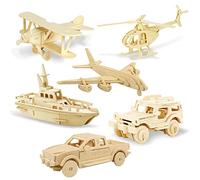 Georgie Porgy 3D Wooden Puzzles DIY Models Kits for Kids Dinosaur Airplane Woodcraft Construction Toy Pack of 6 (Airplanes Cars Yacht)