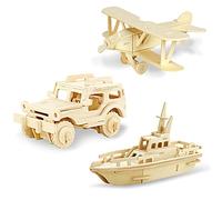 Georgie Porgy Kids Toys Construction Woodcraft Kits 3D Wooden Model Puzzle Kits Birthday Gifts Pack of 3 Jigsaw (Biplane Off-road Vehicle Yacht)