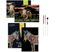 Georgie Porgy Scratch Art Paper Set DIY Arts Craft Kits for Kids Adults Magic Rainbow Cards Boards Christmas Birthday Present for Boys Girls (A3-Elephant + Zebra)