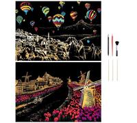 Georgie Porgy Scratch Art Paper Set DIY Arts Craft Kits for Kids Adults Magic Rainbow Cards Boards Christmas Birthday Present for Boys Girls (A3-Windmill+Hot Air Balloon)
