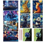 Georgie Porgy Scratch Picture Set DIY Craft Sets for Children Adults Magic Rainbow Scratch Paper for Christmas Birthday Gift with Scratch Tools Kit (A5 Glow-in-the-Dark Cute Animals + Racing Car)