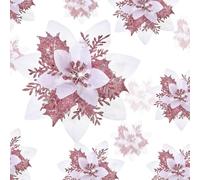 Geosar 24 Christmas Glitter Artificial Poinsettia Flowers Xmas Poinsettia Artificial Wedding Flowers Decorations Xmas Tree Ornaments with Clips for Party Favors, 6 Inch, 4 Inch, 3 Inch (White Pink)