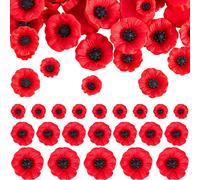 Geosar 36 Pcs Artificial Poppies Stemless Faux Flowers Red Artificial Flowers Flower Heads Faux Flowers for Crafts Faux Corn Poppy Craft Flowers for Veterans Day Christmas Outdoor Grave Garden Decor
