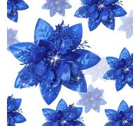 Geosar 36 Pcs Christmas Glitter Artificial Poinsettia Flowers Xmas Poinsettia Artificial Wedding Flowers Decorations Xmas Tree Ornaments with Clips for Party, 6 Inch, 4 Inch, 3 Inch (Royal Blue)