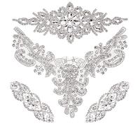 Geosar 4 Pcs Rhinestone Appliques for Wedding Dress Bridal Sequin Applique Silver Iron on Patch Crystal Rhinestone Trim for Women Wedding Clothes DIY Crafting Prom Decoration