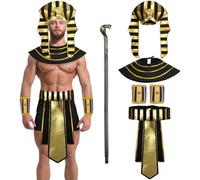 Geosar 5 Pcs Halloween Egyptian Costume Accessory Set Include Pharaoh Headpiece Hat Cobra Cane Belt Collar Wristbands for Men, Multicolor, One size