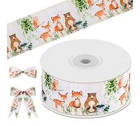Geosar Woodland Animal Ribbon 1.5 Inch Forest Woodland Animal Wired Ribbon Owl Deer Fox Raccoon Brown Bear Print Burlap Ribbons for Wood Land Baby Shower Birthday Party Decoration Gift Wrapping Craft