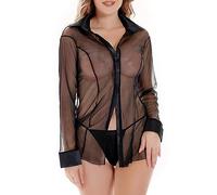 GEPAS Charmnight Sexy Lingerie for Women Sheer Blouse Long Sleeve Top Black-M